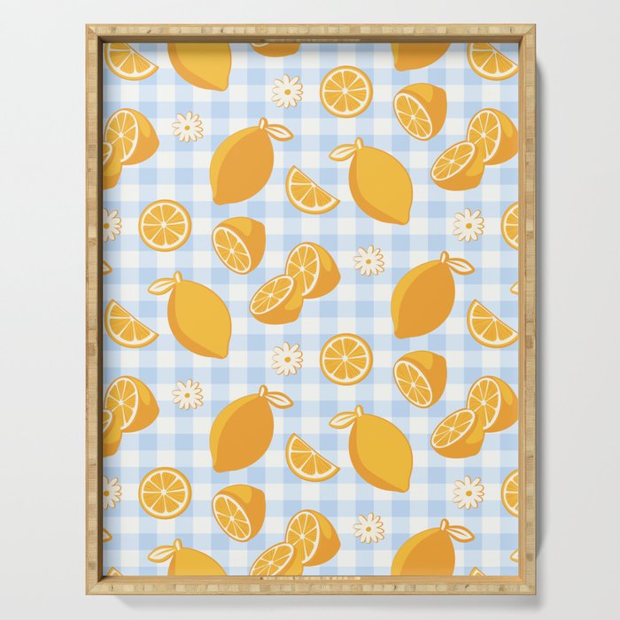 Lemons on Pastel Blue Gingham Serving Tray Gallery Image 1
