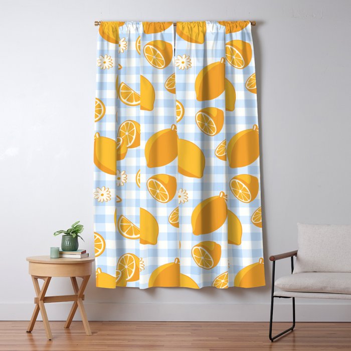 Lemons on Pastel Blue Gingham Window Curtain Gallery Image 1