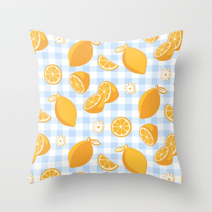 Lemons on Pastel Blue Gingham Throw Pillow Gallery Image 1
