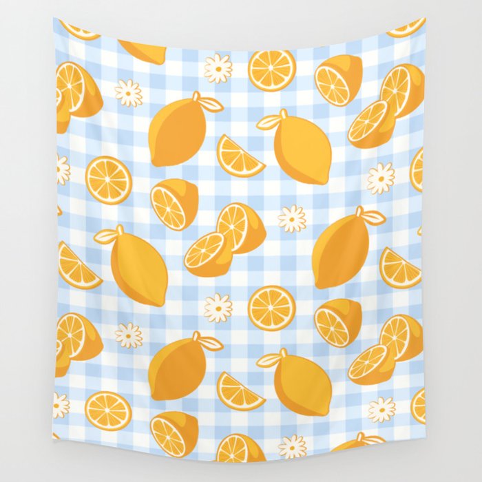 Lemons on Pastel Blue Gingham Wall Tapestry Gallery Image 4