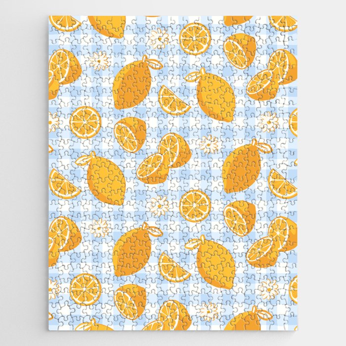 Lemons on Pastel Blue Gingham Jigsaw Puzzle Gallery Image 1