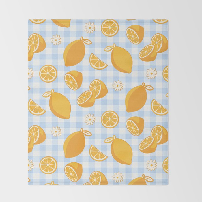 Lemons on Pastel Blue Gingham Throw Blanket Gallery Image 2