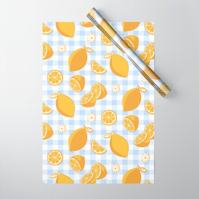 Lemons on Pastel Blue Gingham Wrapping Paper Gallery Image 1