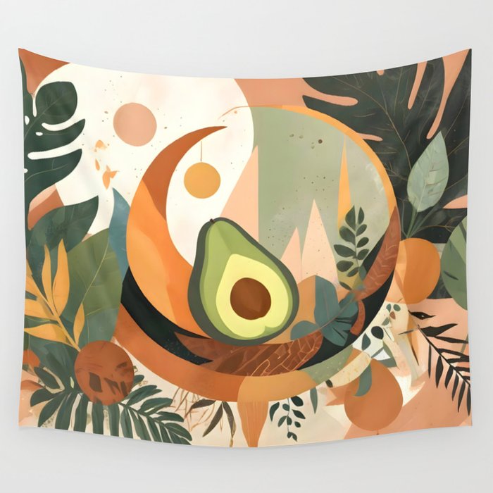 Lunar Avocado, Abstract Quirky Whimsical Moon Fruits, Concept Food Mood Eclectic Shapes Contemporary, Bohemian Colorful Mexican Illustration, 70s Mob Wife Aesthetic, Butter Pride Summer Grad Gifts Wall Tapestry Gallery Image 4
