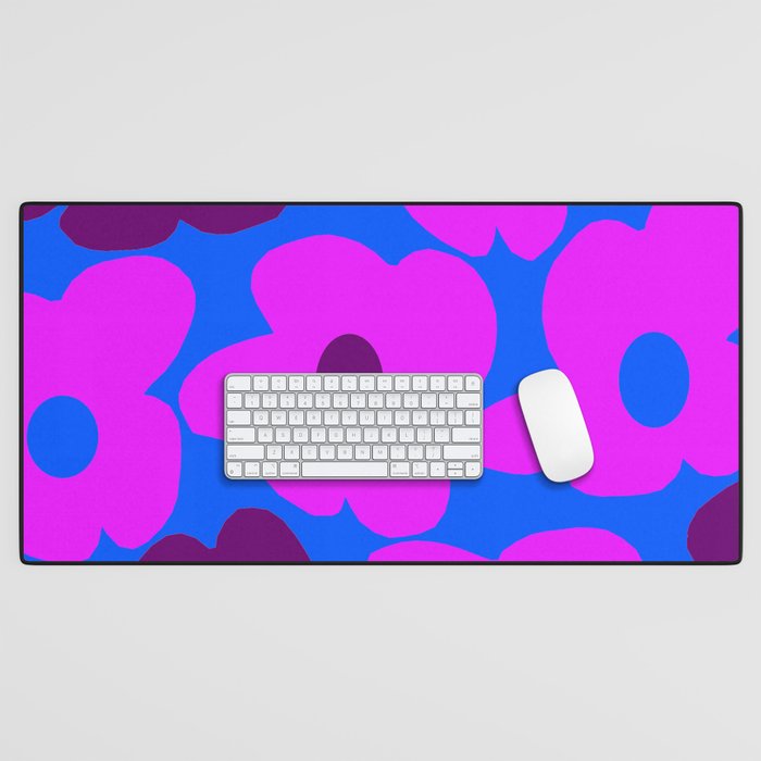 Large Pink and Purple Retro Flowers Blue Background #decor #society6 #buyart Desk Mat Gallery Image 1