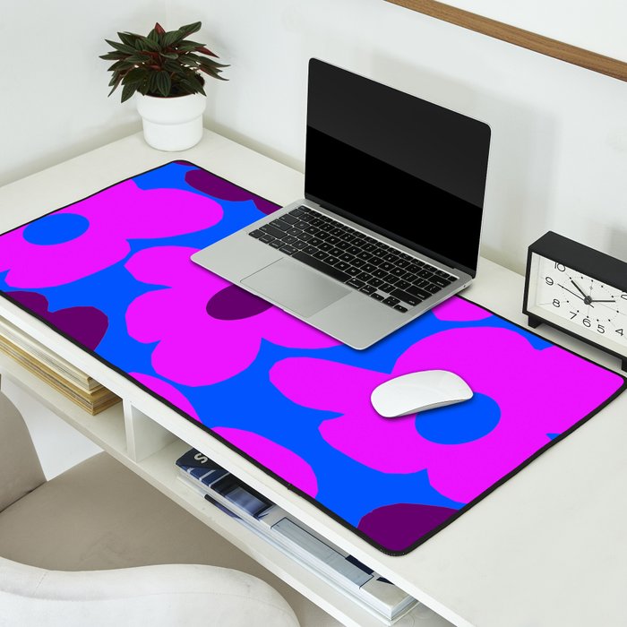 Large Pink and Purple Retro Flowers Blue Background #decor #society6 #buyart Desk Mat Gallery Image 2