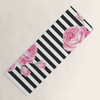 Black white blush pink watercolor floral stripes Yoga Mat Gallery Image 1
