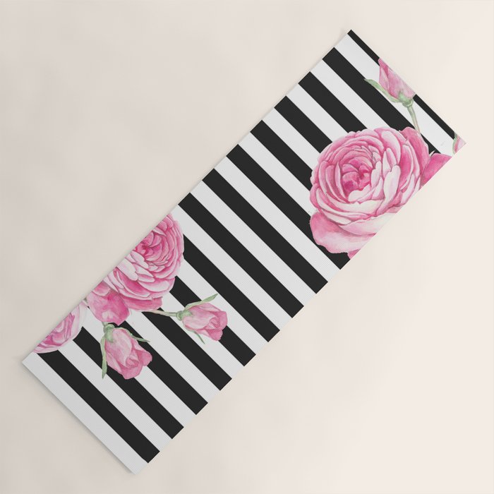 Black white blush pink watercolor floral stripes Yoga Mat Gallery Image 1