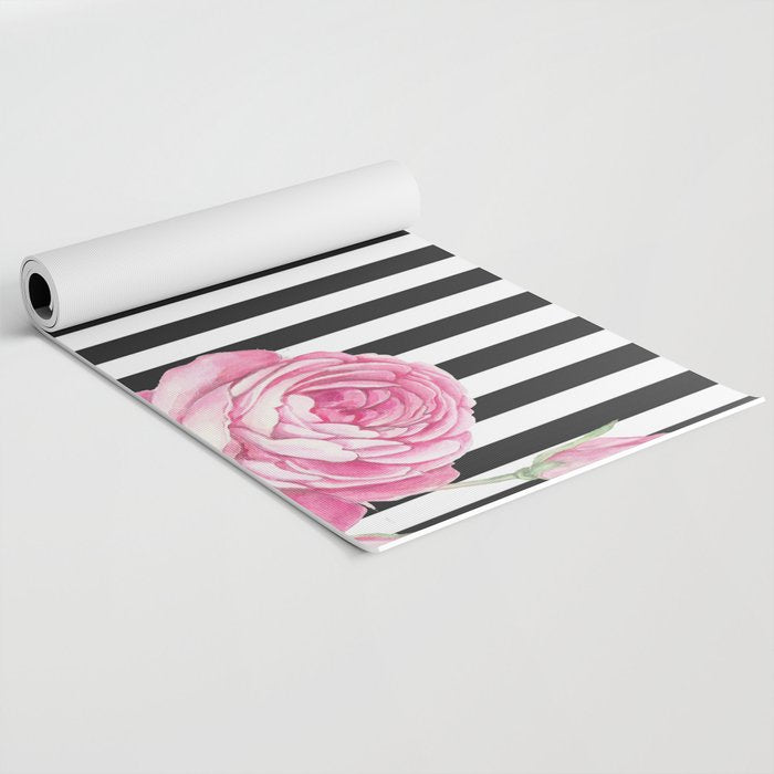 Black white blush pink watercolor floral stripes Yoga Mat Gallery Image 2