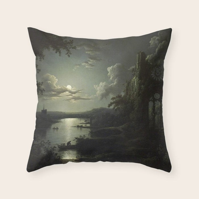 The Beautiful Ruins, Boats on a Moonlit Lake with Gothic Church landscape painting by Sebastian Pether Throw Pillow Gallery Image 6