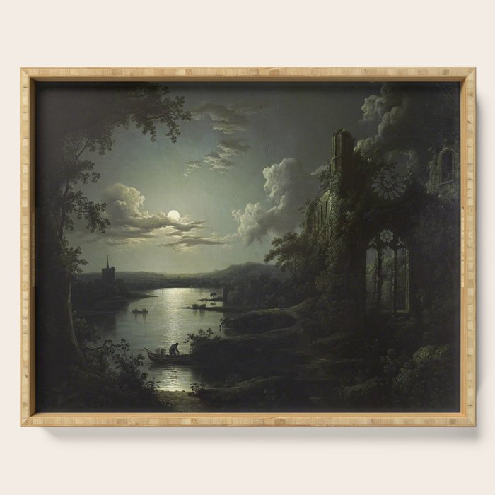 The Beautiful Ruins, Boats on a Moonlit Lake with Gothic Church landscape painting by Sebastian Pether Serving Tray Gallery Image 1