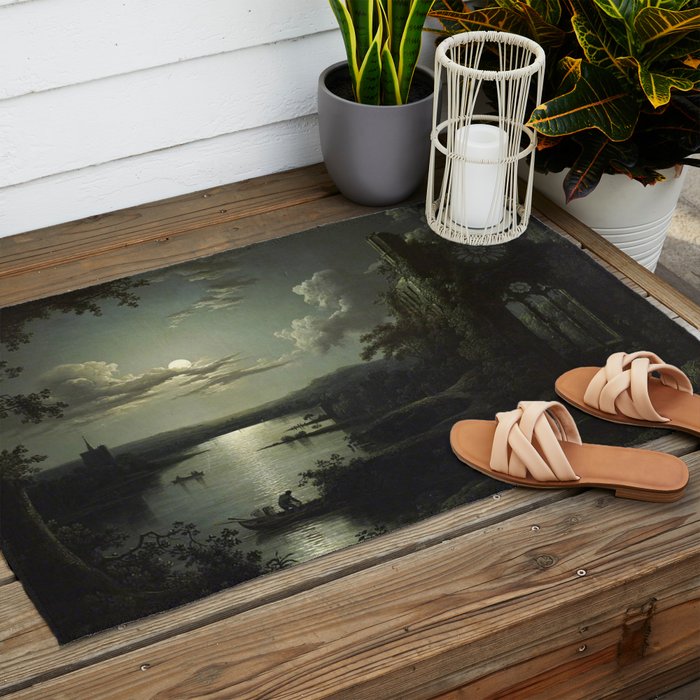 The Beautiful Ruins, Boats on a Moonlit Lake with Gothic Church landscape painting by Sebastian Pether Outdoor Rug Gallery Image 2