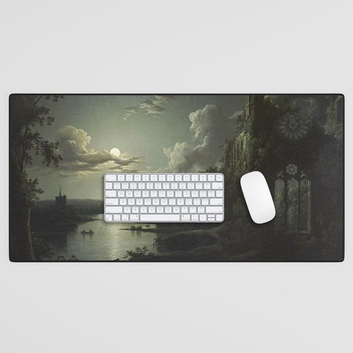 The Beautiful Ruins, Boats on a Moonlit Lake with Gothic Church landscape painting by Sebastian Pether Desk Mat Gallery Image 1