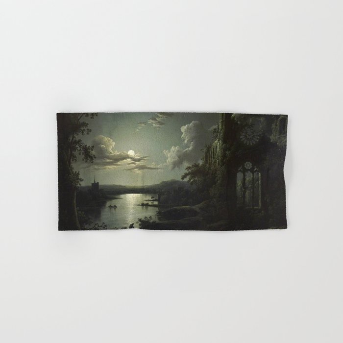 The Beautiful Ruins, Boats on a Moonlit Lake with Gothic Church landscape painting by Sebastian Pether Bath Towel Gallery Image 1