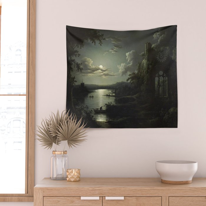 The Beautiful Ruins, Boats on a Moonlit Lake with Gothic Church landscape painting by Sebastian Pether Wall Tapestry Gallery Image 2