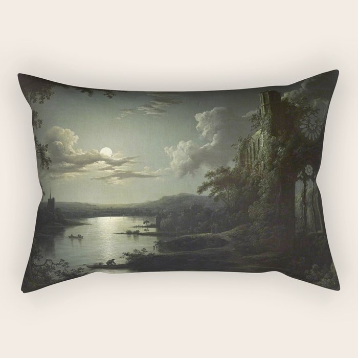 The Beautiful Ruins, Boats on a Moonlit Lake with Gothic Church landscape painting by Sebastian Pether Rectangular Pillow Gallery Image 2