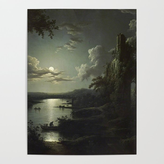 The Beautiful Ruins, Boats on a Moonlit Lake with Gothic Church landscape painting by Sebastian Pether Poster Gallery Image 4