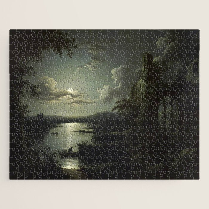 The Beautiful Ruins, Boats on a Moonlit Lake with Gothic Church landscape painting by Sebastian Pether Jigsaw Puzzle Gallery Image 1