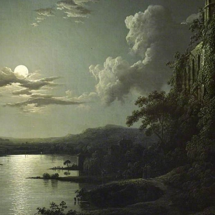 The Beautiful Ruins, Boats on a Moonlit Lake with Gothic Church landscape painting by Sebastian Pether Coffee Mug Gallery Image 2