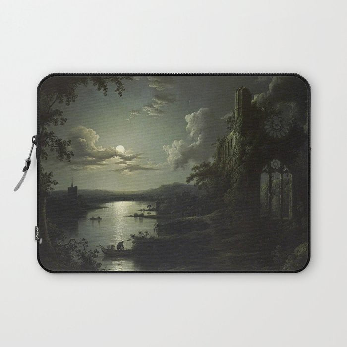The Beautiful Ruins, Boats on a Moonlit Lake with Gothic Church landscape painting by Sebastian Pether Laptop Sleeve Gallery Image 1