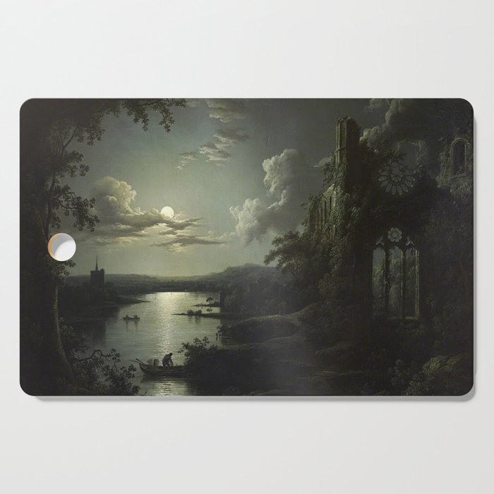 The Beautiful Ruins, Boats on a Moonlit Lake with Gothic Church landscape painting by Sebastian Pether Cutting Board Gallery Image 1