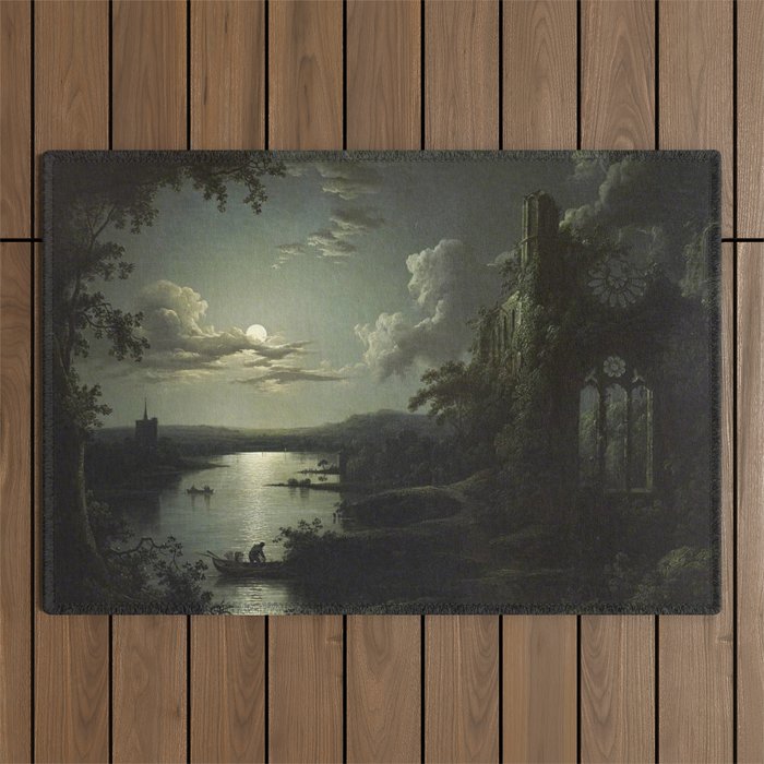 The Beautiful Ruins, Boats on a Moonlit Lake with Gothic Church landscape painting by Sebastian Pether Outdoor Rug Gallery Image 1