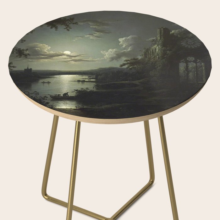 The Beautiful Ruins, Boats on a Moonlit Lake with Gothic Church landscape painting by Sebastian Pether Side Table Gallery Image 2