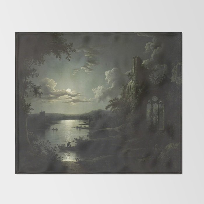 The Beautiful Ruins, Boats on a Moonlit Lake with Gothic Church landscape painting by Sebastian Pether Throw Blanket Gallery Image 2