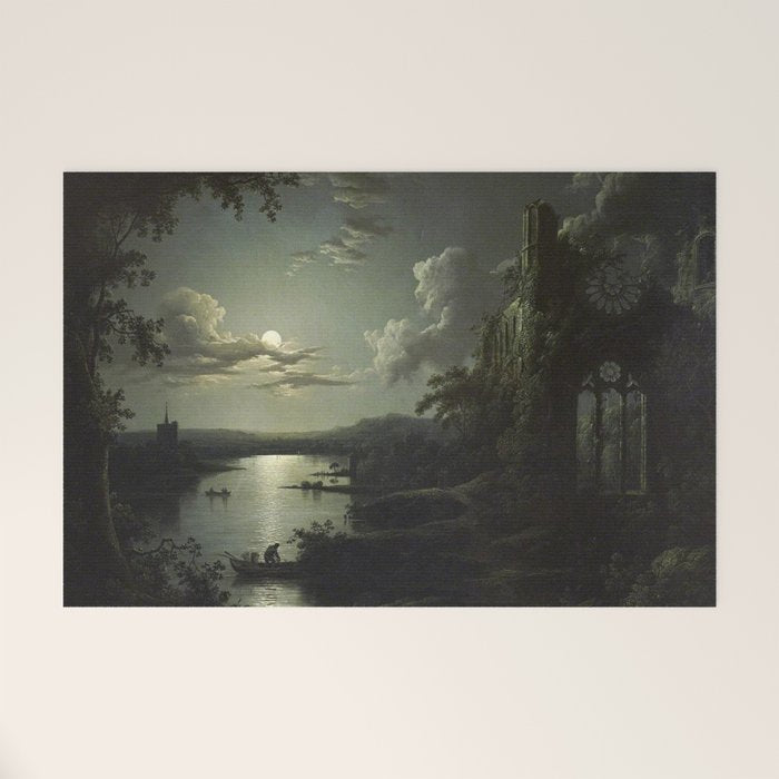 The Beautiful Ruins, Boats on a Moonlit Lake with Gothic Church landscape painting by Sebastian Pether Welcome Mat Gallery Image 1