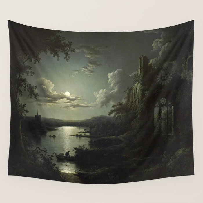 The Beautiful Ruins, Boats on a Moonlit Lake with Gothic Church landscape painting by Sebastian Pether Wall Tapestry Gallery Image 1