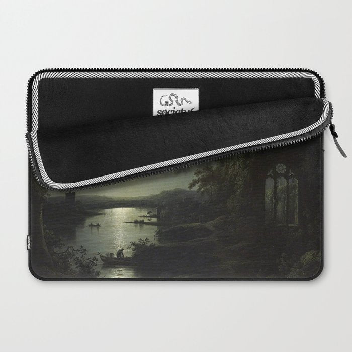 The Beautiful Ruins, Boats on a Moonlit Lake with Gothic Church landscape painting by Sebastian Pether Laptop Sleeve Gallery Image 2
