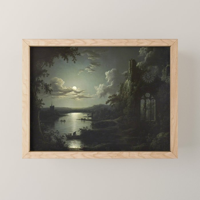 The Beautiful Ruins, Boats on a Moonlit Lake with Gothic Church landscape painting by Sebastian Pether Mini Art Print Gallery Image 1