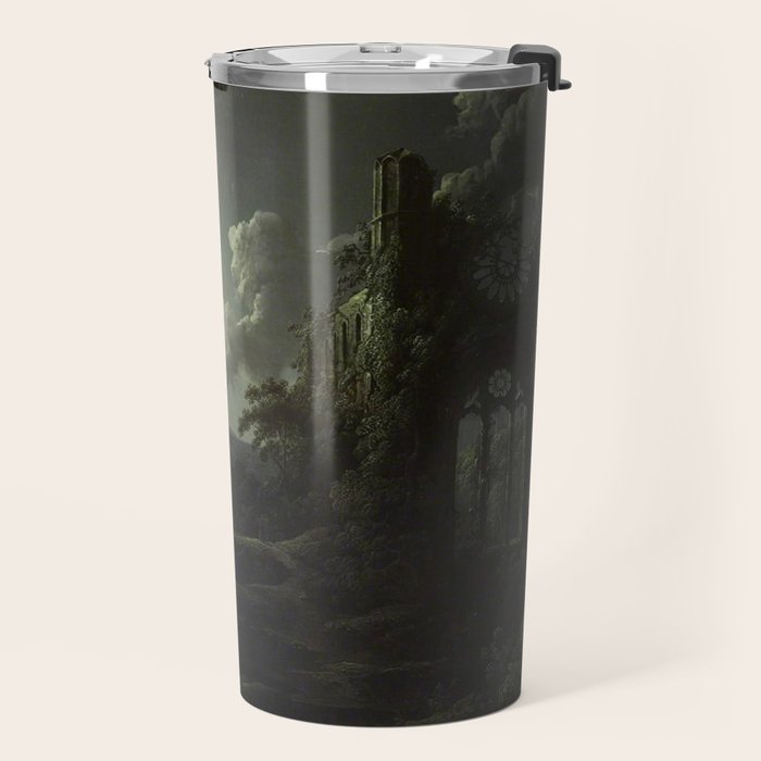 The Beautiful Ruins, Boats on a Moonlit Lake with Gothic Church landscape painting by Sebastian Pether Travel Mug Gallery Image 2