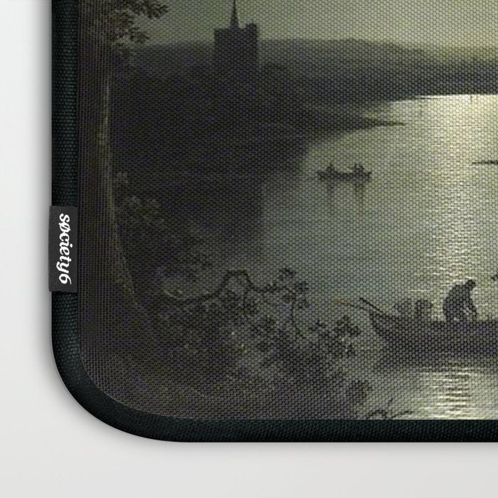 The Beautiful Ruins, Boats on a Moonlit Lake with Gothic Church landscape painting by Sebastian Pether Laptop Sleeve Gallery Image 3