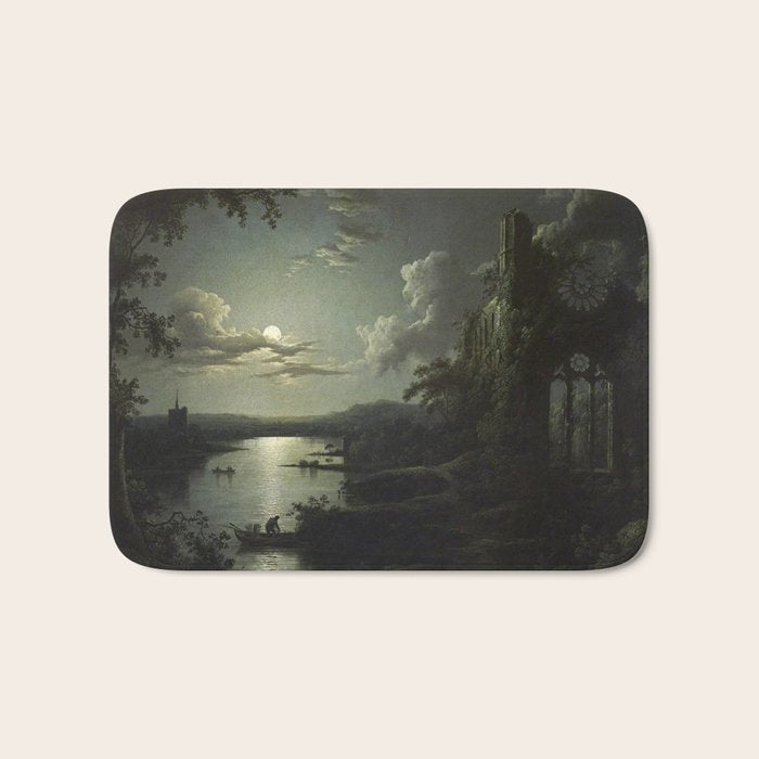 The Beautiful Ruins, Boats on a Moonlit Lake with Gothic Church landscape painting by Sebastian Pether Bath Mat Gallery Image 1