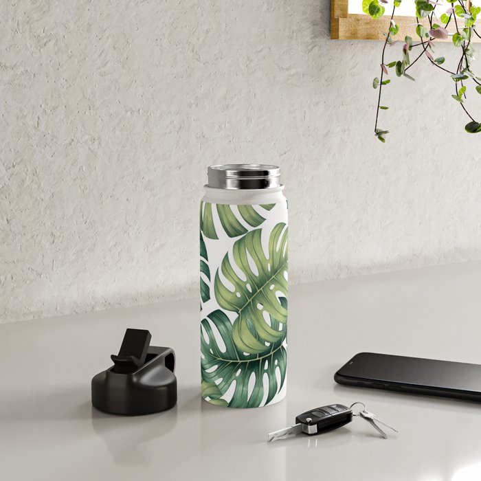 Monstera botanical leaves illustration pattern on white Water Bottle Gallery Image 4