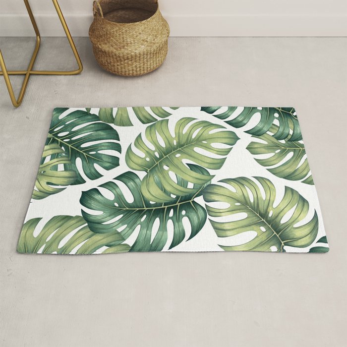Monstera botanical leaves illustration pattern on white Rug Gallery Image 1