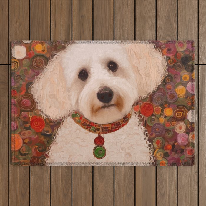 White Klimt Dog with Curly Hair Outdoor Rug Gallery Image 1