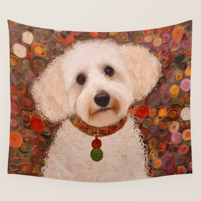White Klimt Dog with Curly Hair Wall Tapestry Gallery Image 1