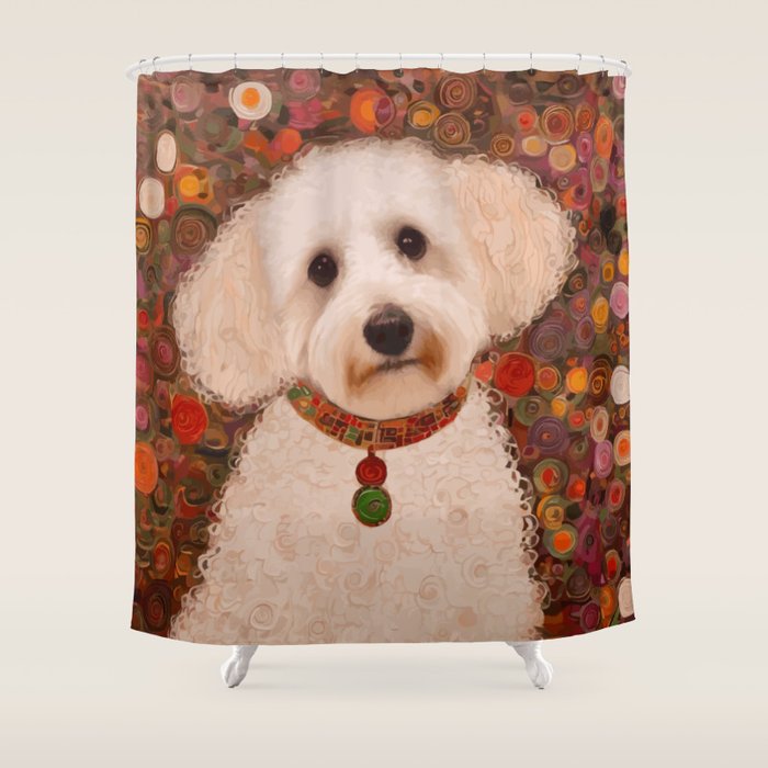 White Klimt Dog with Curly Hair Shower Curtain Gallery Image 1