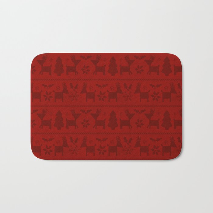 Red Reindeer Fair Isle Print, Red Holiday, Christmas Cheer, Red Christmas Sweater Bath Mat Gallery Image 1