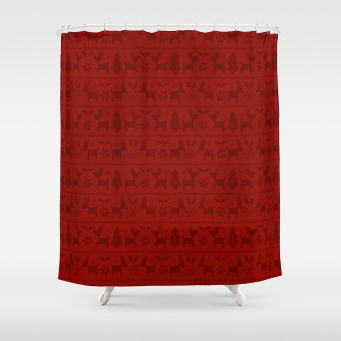 Red Reindeer Fair Isle Print, Red Holiday, Christmas Cheer, Red Christmas Sweater Shower Curtain Gallery Image 1