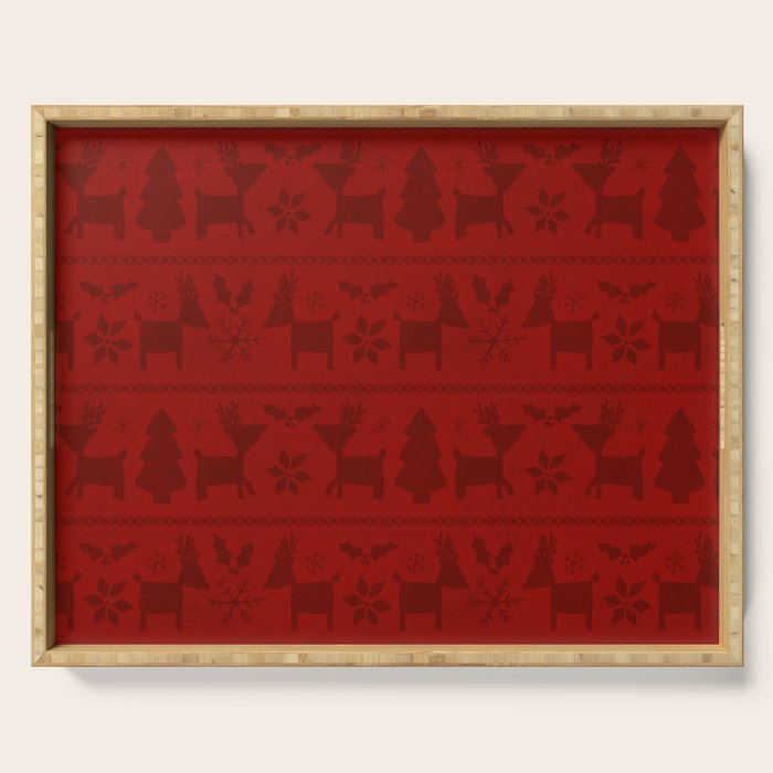 Red Reindeer Fair Isle Print, Red Holiday, Christmas Cheer, Red Christmas Sweater Serving Tray Gallery Image 1
