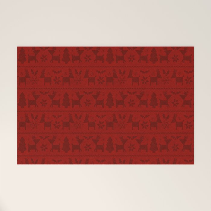 Red Reindeer Fair Isle Print, Red Holiday, Christmas Cheer, Red Christmas Sweater Welcome Mat Gallery Image 1