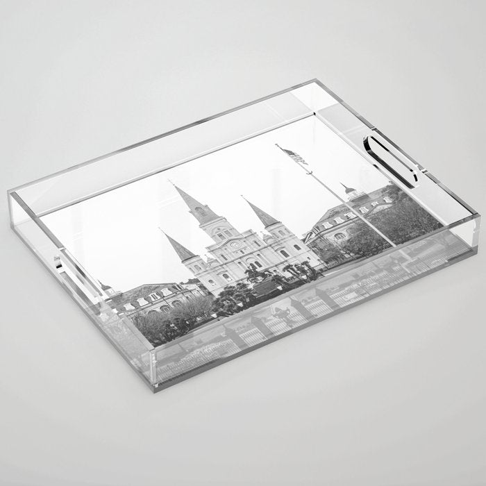 Jackson Square New Orleans Black and White Photography Acrylic Tray Gallery Image 1