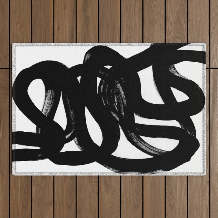 Swirl Black & White Minimalist Abstract Mid century Ink Art Dark Brush Strokes Outdoor Rug Gallery Image 1