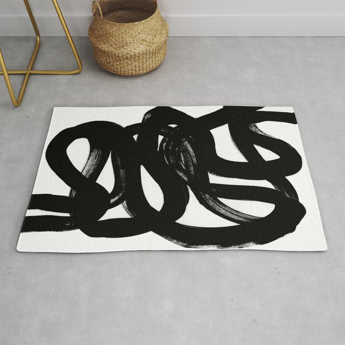 Swirl Black & White Minimalist Abstract Mid century Ink Art Dark Brush Strokes Rug Gallery Image 1