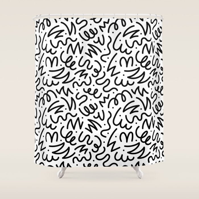 Fun black line doodle art pattern Shower Curtain Gallery Image 1