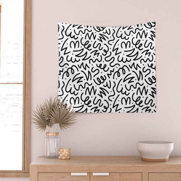 Fun black line doodle art pattern Wall Tapestry Gallery Image 2