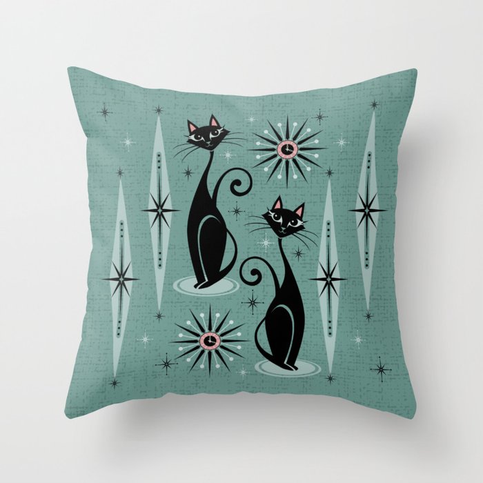 Mid Century Cats and Clocks -Spearmint Custom©studioxtine Throw Pillow Gallery Image 6
